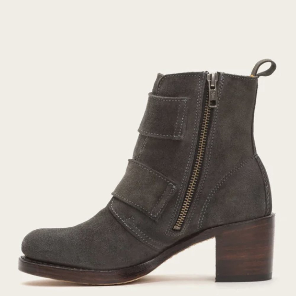 $399 Frye Sabrina Double Buckle Academia Grey Suede Leather Block Heel AnkleBoot - Picture 2 of 16